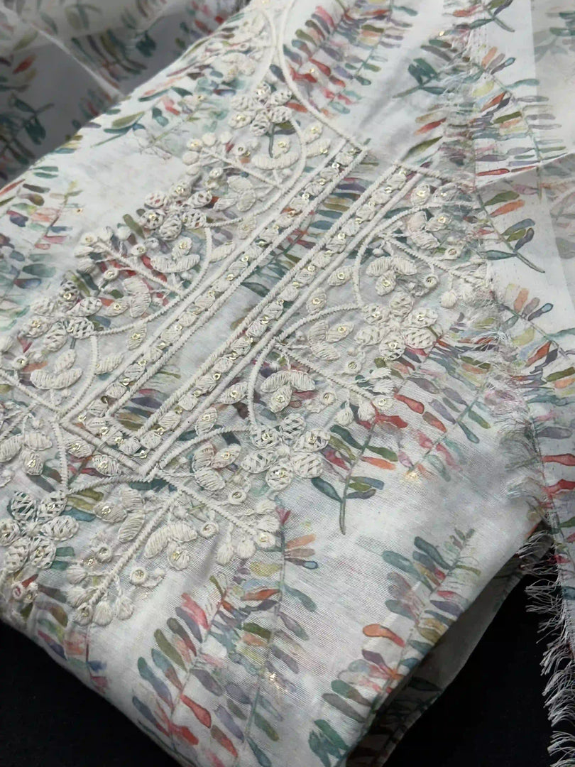 White In Digital Print Threadwork Cotton Unstitched Salwar Suit