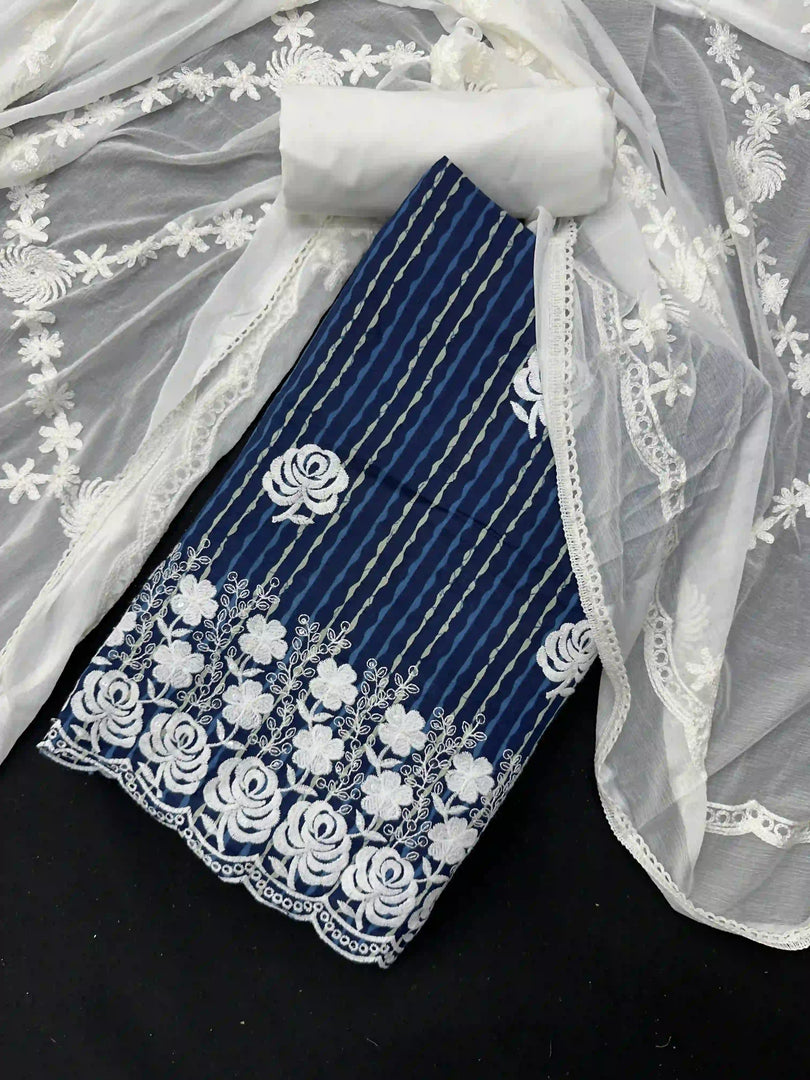 Navy Blue Threadwork Cotton Unstitched Salwar Suit