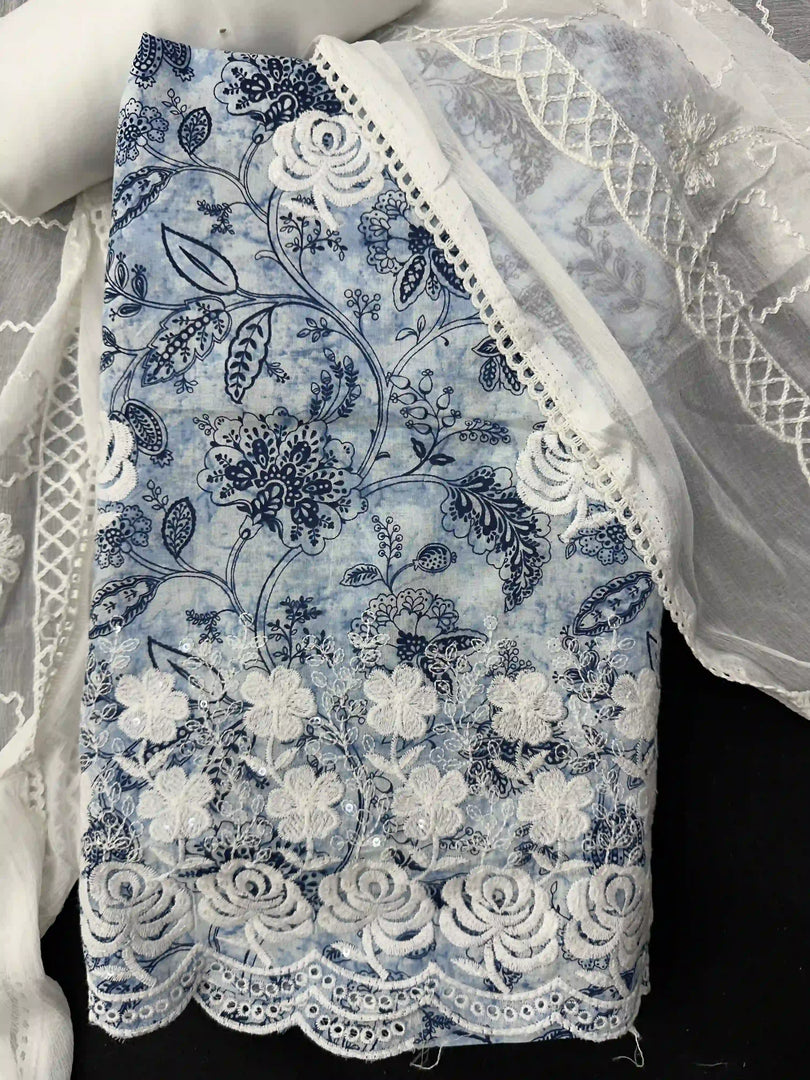 Light Blue With Digital Print Threadwork Cotton Unstitched Salwar Suit