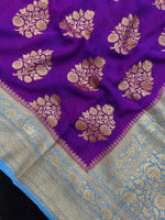 Load image into Gallery viewer, Pure Banarasi Khaddi Georgette Saree In Purple With Sky Blue