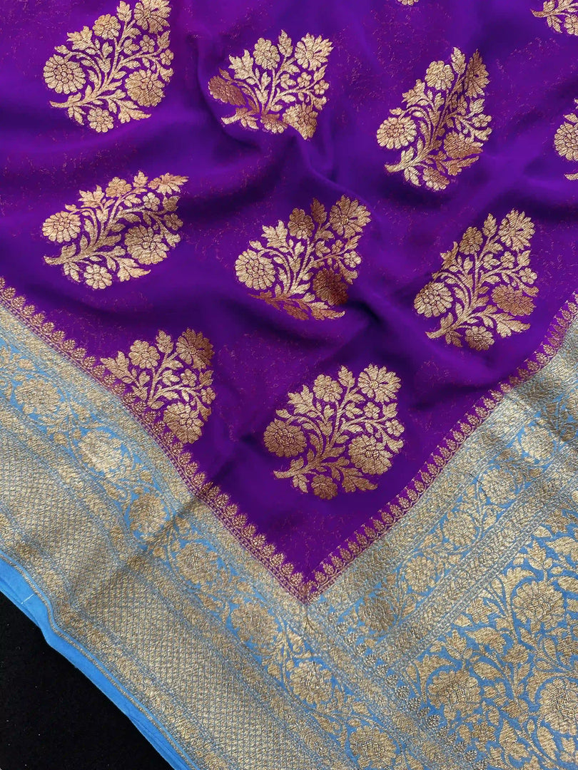 Pure Banarasi Khaddi Georgette Saree In Purple With Sky Blue