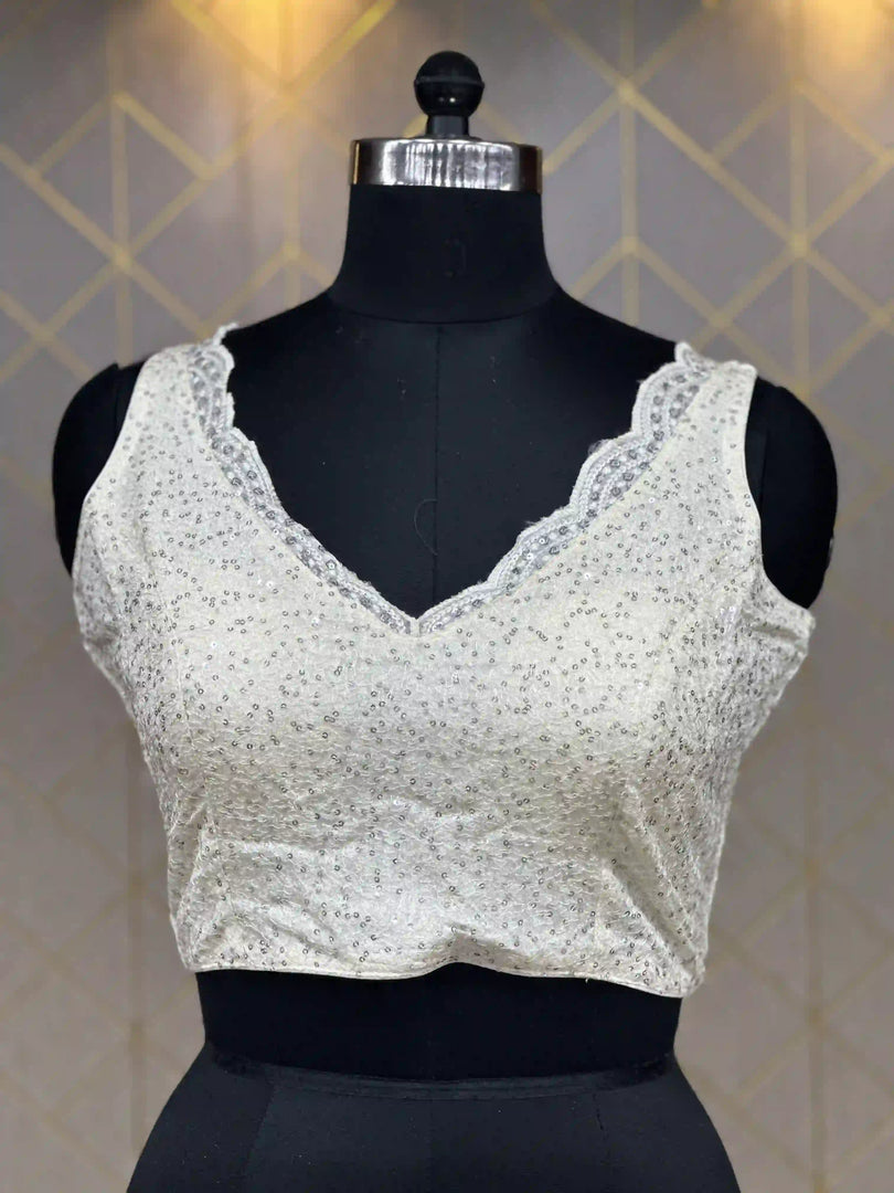 Readymade Blouse In White With Heavy Sequence & Thread work