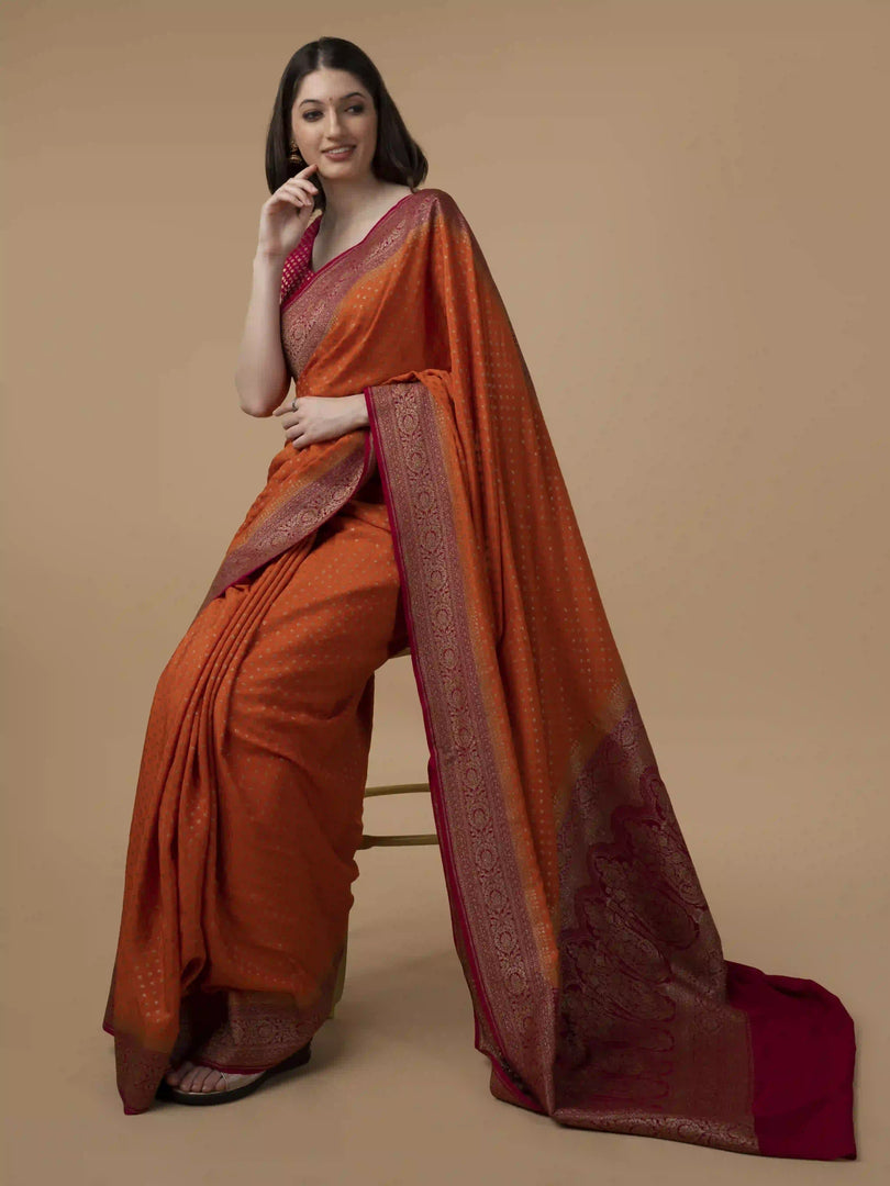 Pure Banarasi Crepe Saree In Dark Orange With Kanchi Pink With Zari Woven