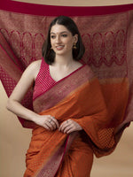 Load image into Gallery viewer, Pure Banarasi Crepe Saree In Dark Orange With Kanchi Pink With Zari Woven