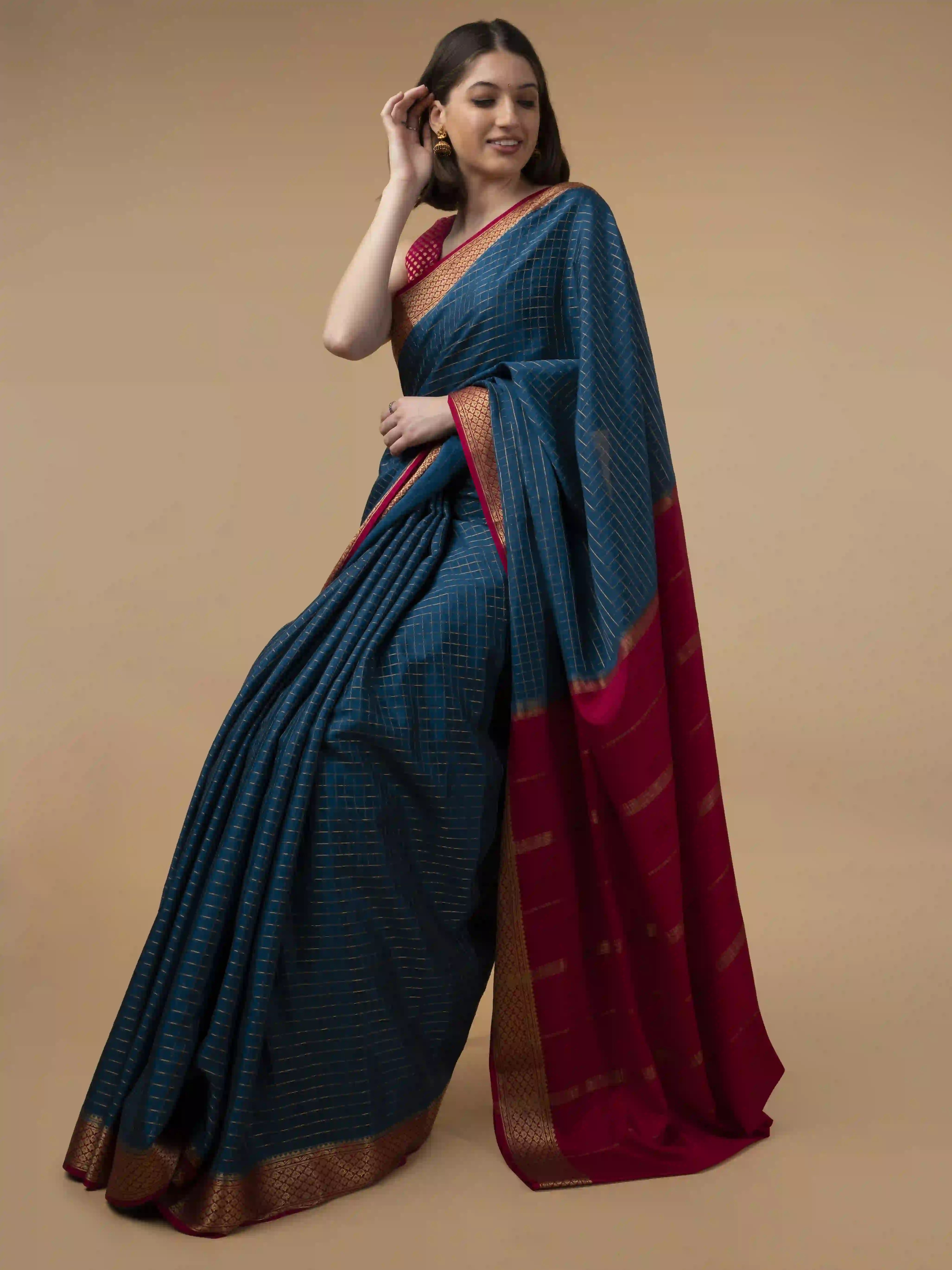 Soudrya Chex Pure Mysore Crepe Silk Saree In Tea Blue With Rani Pink