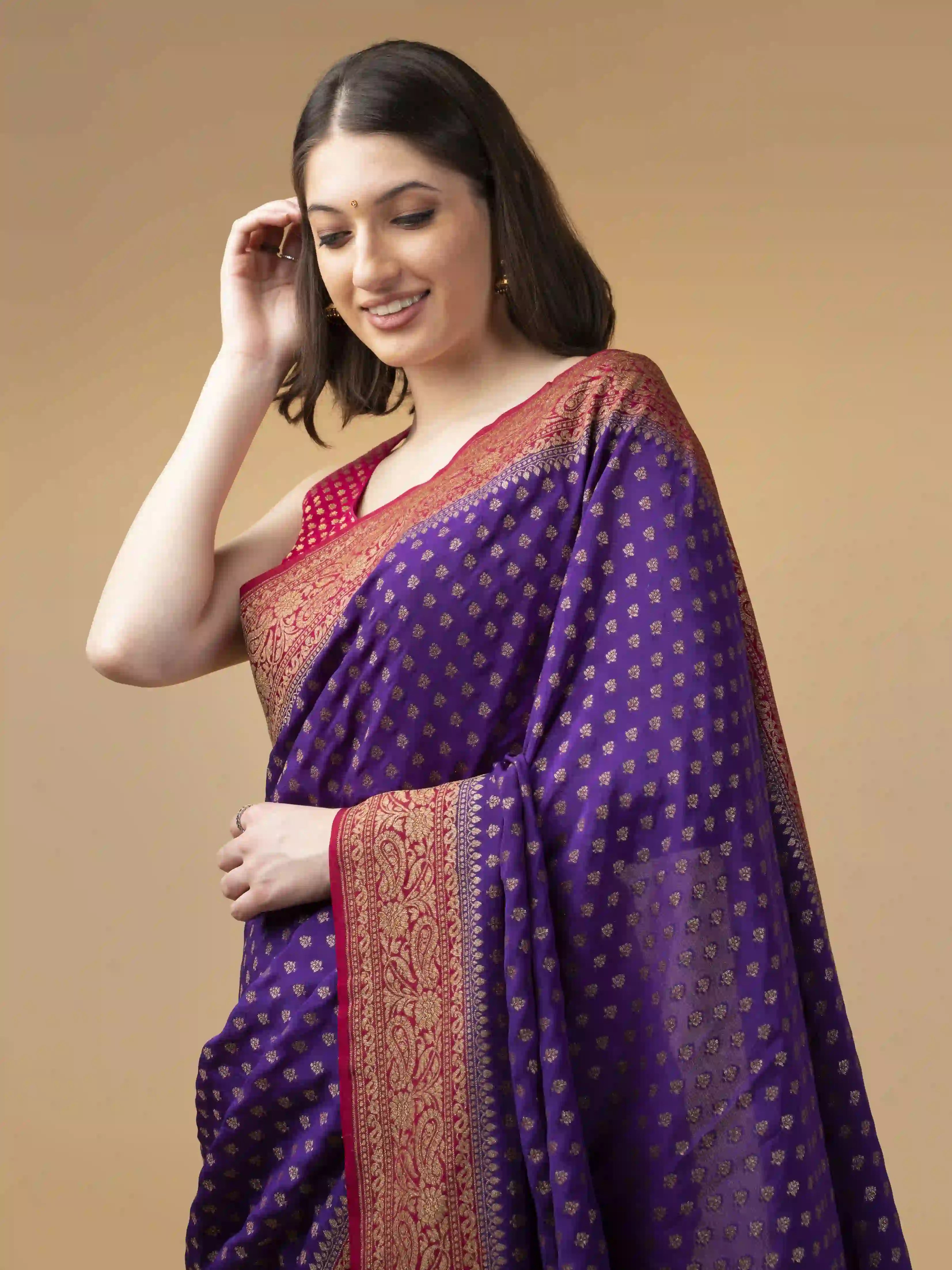 Pure Banarasi Crepe Saree In Purple With Kanchi Red With Zari Woven