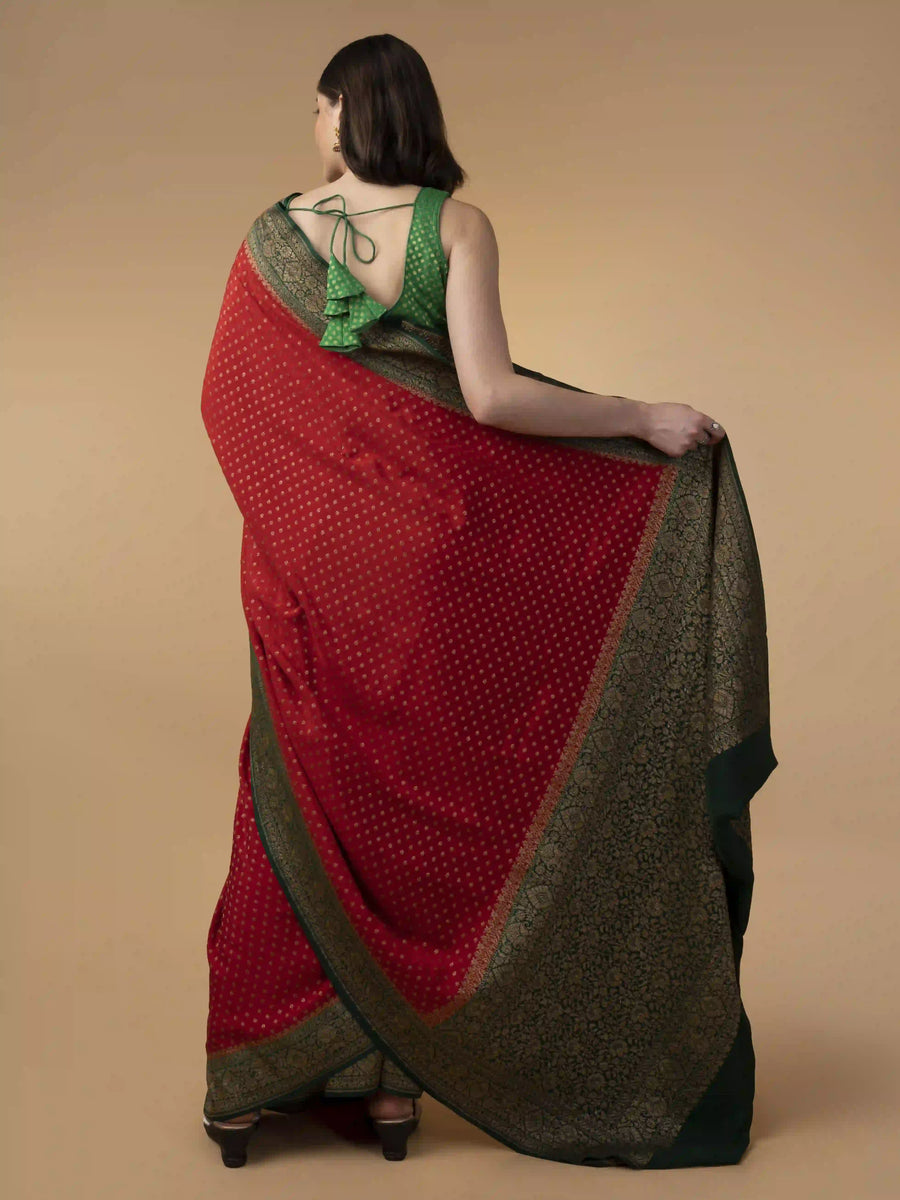 Pure Banarasi Crepe Saree In Red With BottlE Green With Zari Woven