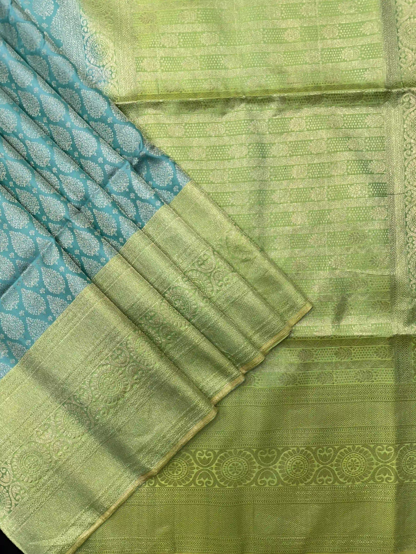 Sky Blue & Parrot Green  Pure Silk Kanjivaram Saree
