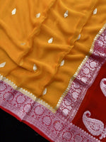 Load image into Gallery viewer, Banarasi Pure Khaddi Chiffon Silver Zari Mustard Yellow Colour Saree With Contrast Red Blouse &amp; Pallu