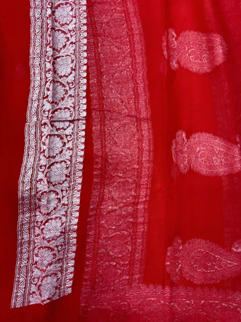 Banarasi Pure Khaddi Chiffon Silver Zari Mustard Yellow Colour Saree With Contrast Red Blouse & Pallu