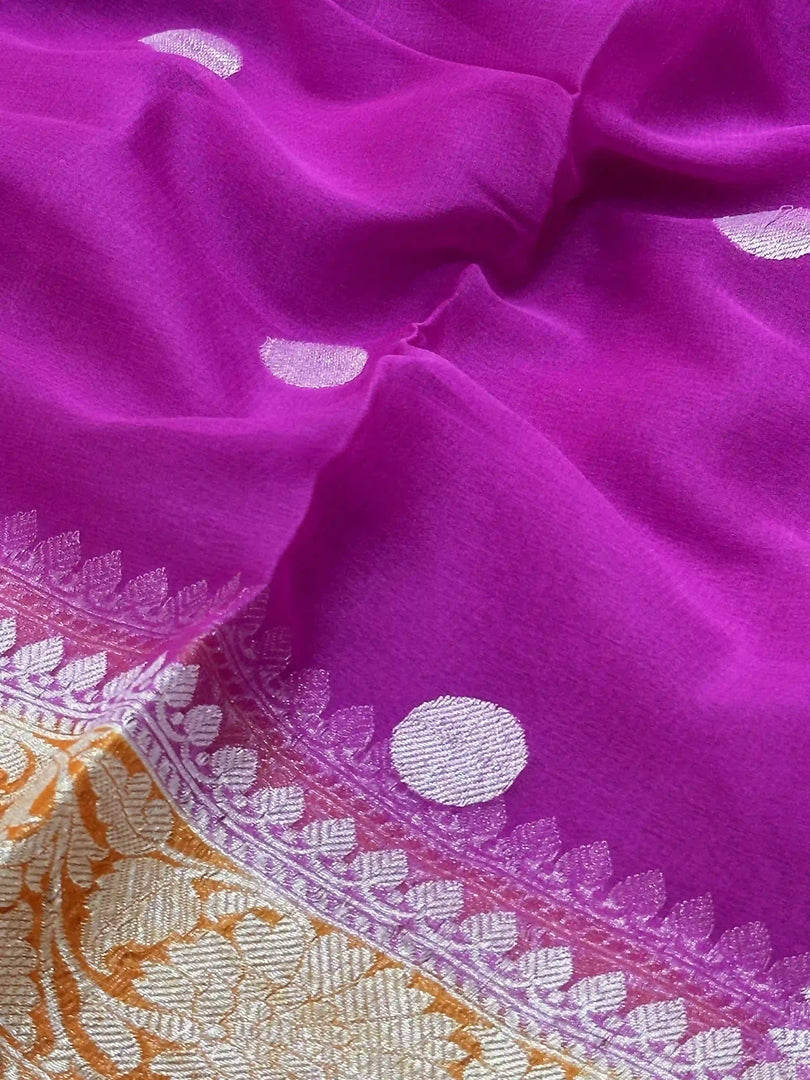 Banarasi Pure Khaddi Chiffon Silver Zari Purple Colour Saree With Contrast Mustard Yellow Blouse & Pallu