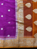 Load image into Gallery viewer, Banarasi Pure Khaddi Chiffon Silver Zari Purple Colour Saree With Contrast Mustard Yellow Blouse &amp; Pallu