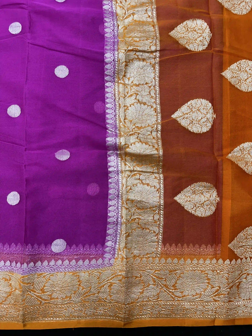Banarasi Pure Khaddi Chiffon Silver Zari Purple Colour Saree With Contrast Mustard Yellow Blouse & Pallu