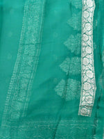 Load image into Gallery viewer, Banarasi Pure Khaddi Chiffon Silver Zari White Colour Saree With Contrast Rama Green Blouse &amp; Pallu