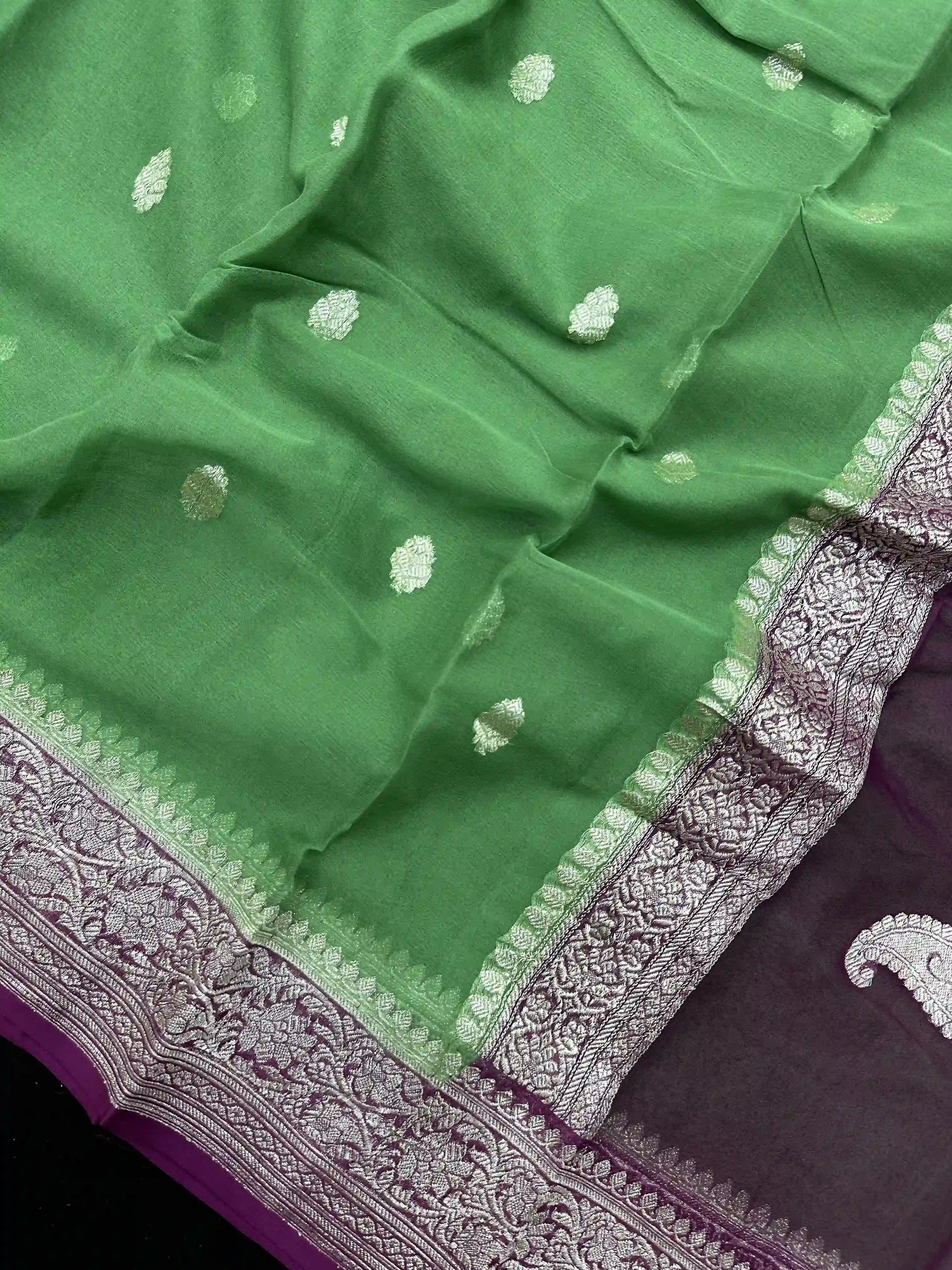 Banarasi Pure Khaddi Chiffon Silver Zari Matcha Green Colour Saree With Contrast Pink Blouse & Pallu