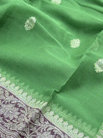 Load image into Gallery viewer, Banarasi Pure Khaddi Chiffon Silver Zari Matcha Green Colour Saree With Contrast Pink Blouse &amp; Pallu
