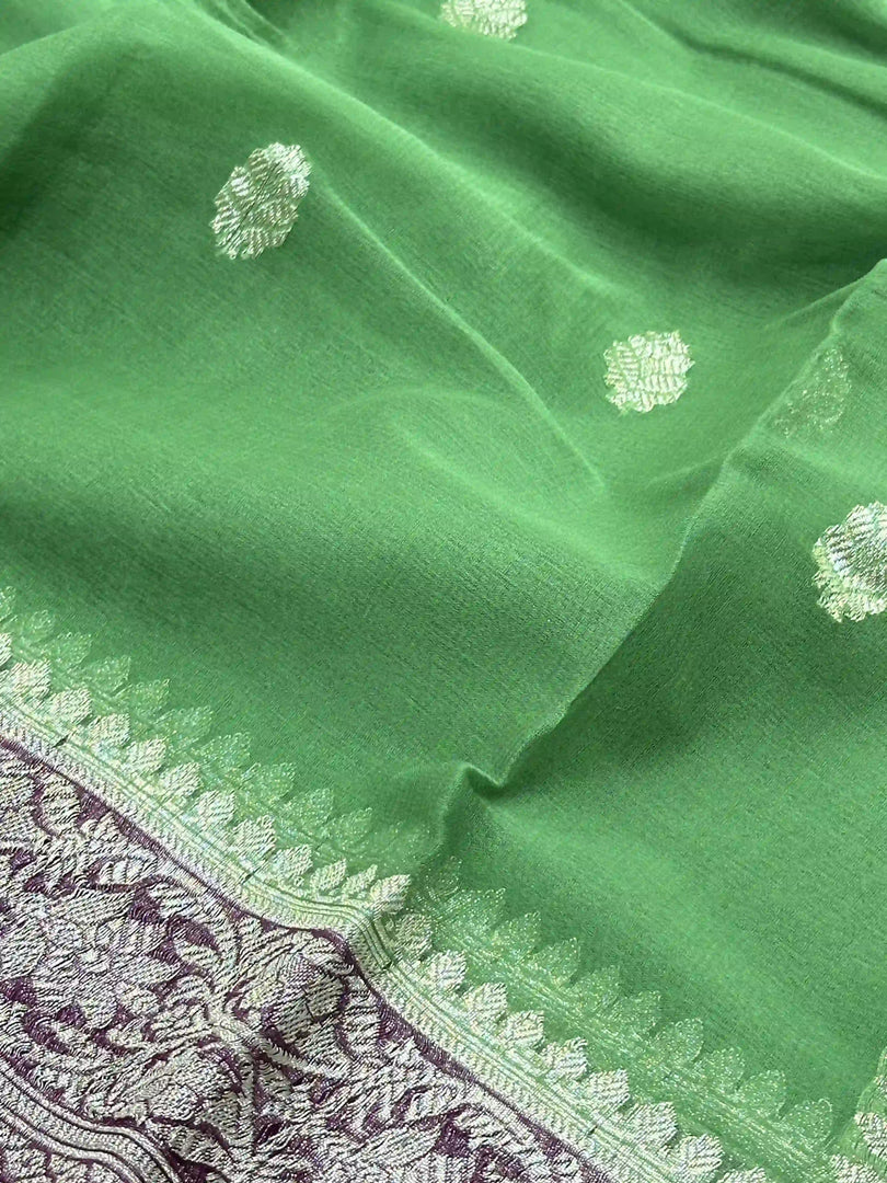 Banarasi Pure Khaddi Chiffon Silver Zari Matcha Green Colour Saree With Contrast Pink Blouse & Pallu