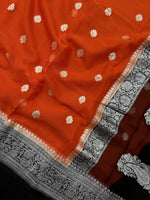 Load image into Gallery viewer, Banarasi Pure Khaddi Chiffon Silver Zari Dark Orange Colour Saree With Contrast Black Blouse &amp; Pallu