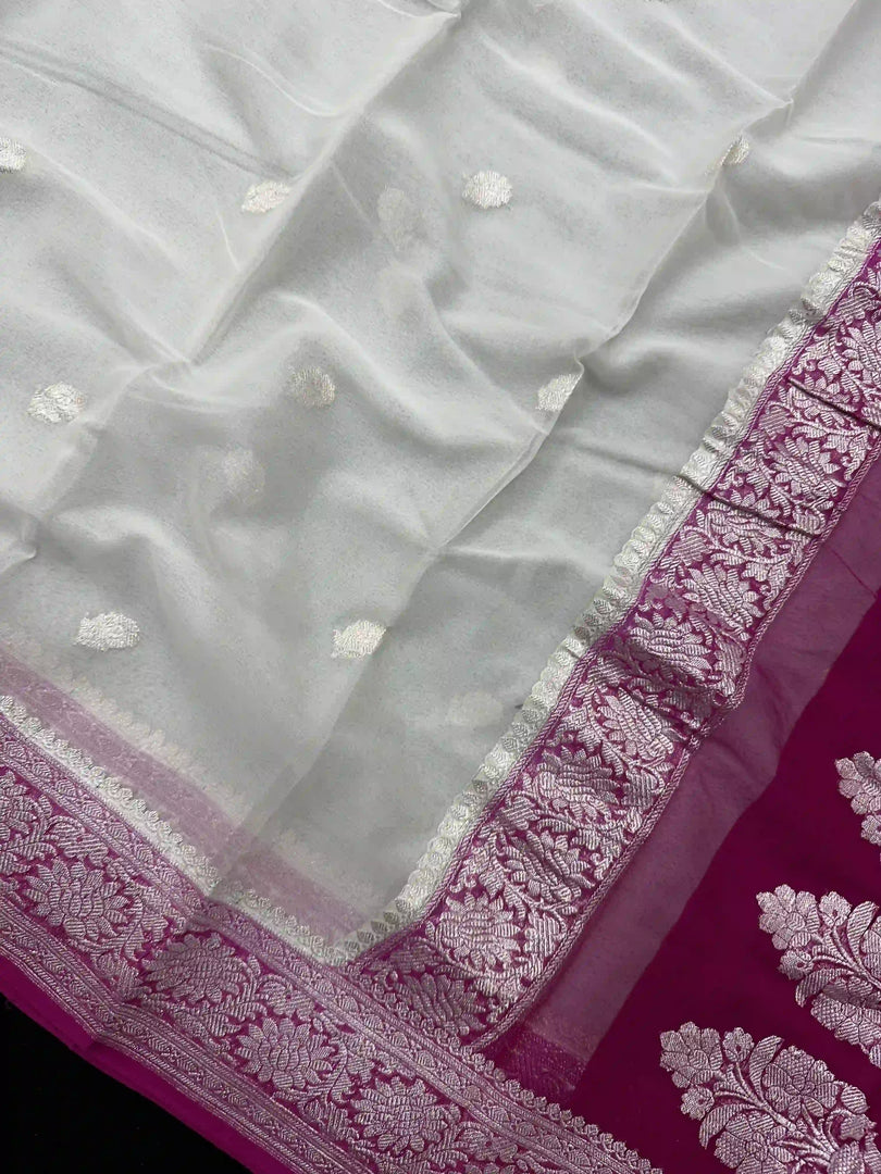 Banarasi Pure Khaddi Chiffon Silver Zari White Colour Saree With Contrast Pink Blouse & Pallu