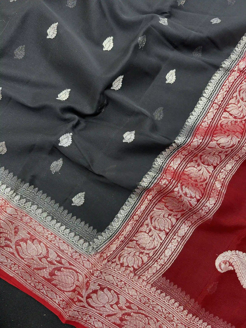 Banarasi Pure Khaddi Chiffon Silver Zari BlackColour Saree With Contrast Red Blouse & Pallu
