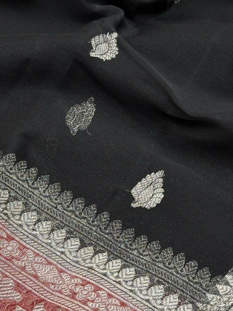Banarasi Pure Khaddi Chiffon Silver Zari BlackColour Saree With Contrast Red Blouse & Pallu
