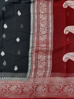 Load image into Gallery viewer, Banarasi Pure Khaddi Chiffon Silver Zari BlackColour Saree With Contrast Red Blouse &amp; Pallu