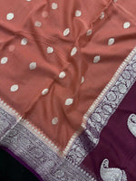 Load image into Gallery viewer, Banarasi Pure Khaddi Chiffon Silver Zari Rust Colour Saree With Contrast Pink Blouse &amp; Pallu