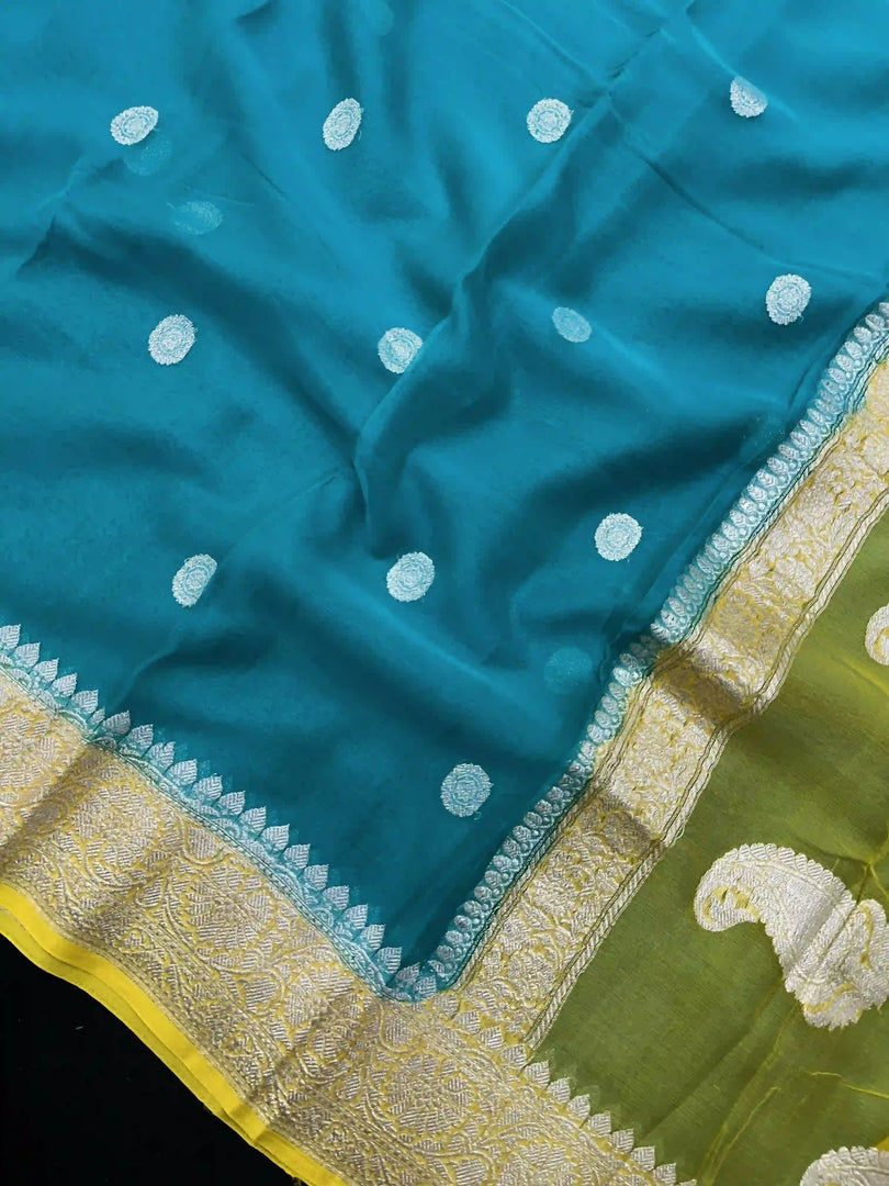 Banarasi Pure Khaddi Chiffon Silver Zari Marine Blue Colour Saree With Contrast Yellow Blouse & Pallu