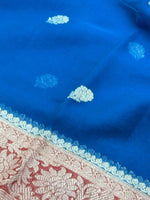 Load image into Gallery viewer, Banarasi Pure Khaddi Chiffon Silver Zari Royal Blue Colour Saree With Contrast Red Blouse &amp; Pallu