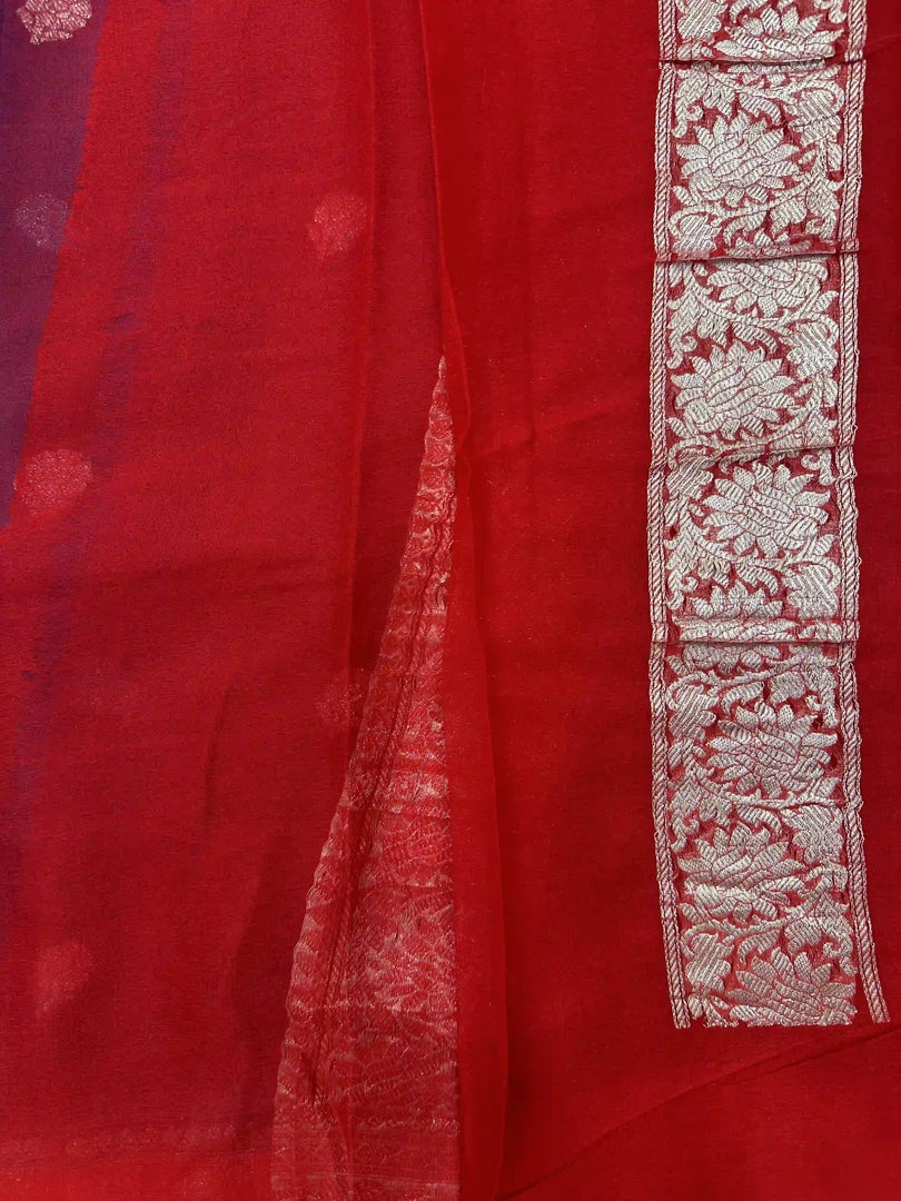 Banarasi Pure Khaddi Chiffon Silver Zari Royal Blue Colour Saree With Contrast Red Blouse & Pallu