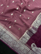 Banarasi Pure Khaddi Chiffon Silver Zari Onion Colour Saree With Contrast Red Blouse & Pallu