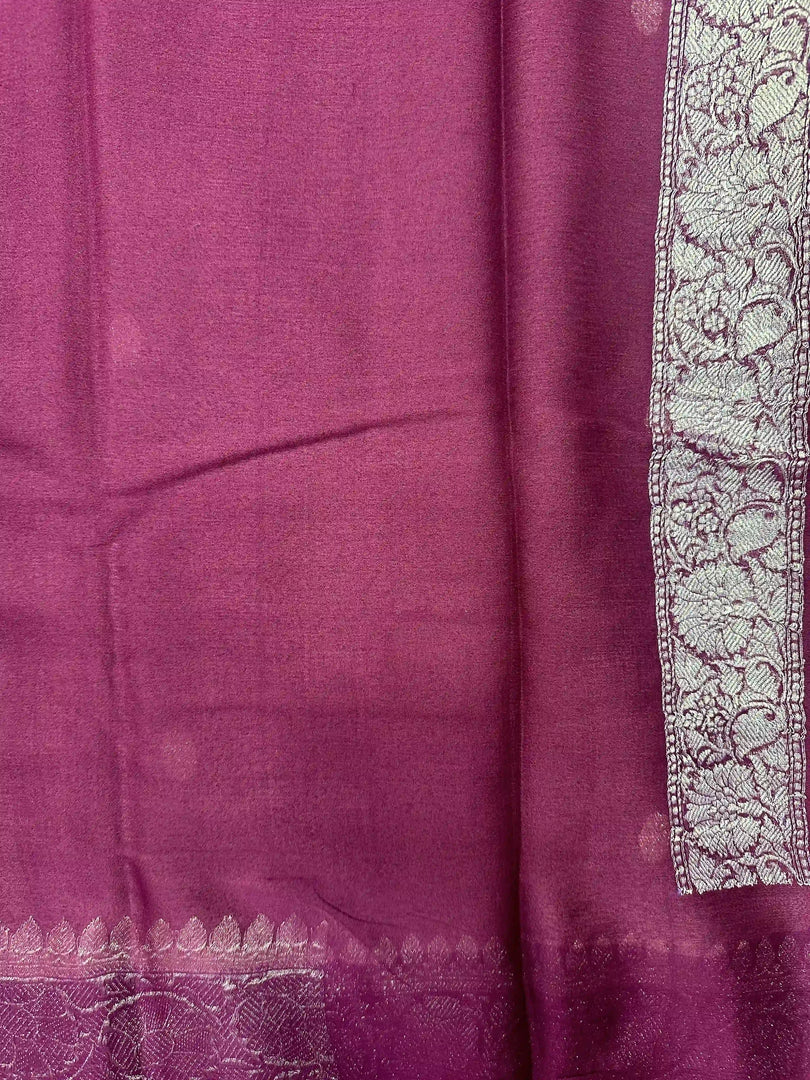Banarasi Pure Khaddi Chiffon Silver Zari Onion Colour Saree With Contrast Red Blouse & Pallu