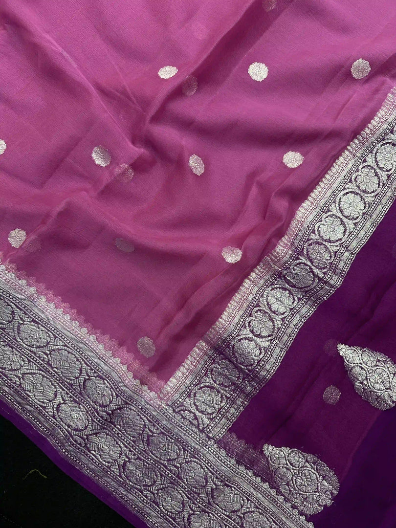 Banarasi Pure Khaddi Chiffon Silver Zari Neon Pink Colour Saree With Contrast Red Blouse & Pallu