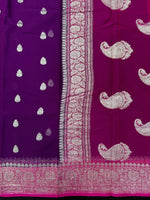 Load image into Gallery viewer, Banarasi Pure Khaddi Chiffon Silver Zari Purple Colour Saree With Contrast Red Blouse &amp; Pallu