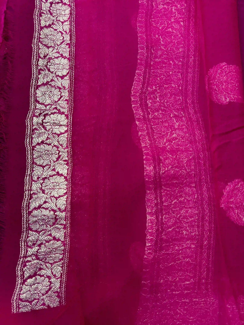 Banarasi Pure Khaddi Chiffon Silver Zari Purple Colour Saree With Contrast Red Blouse & Pallu