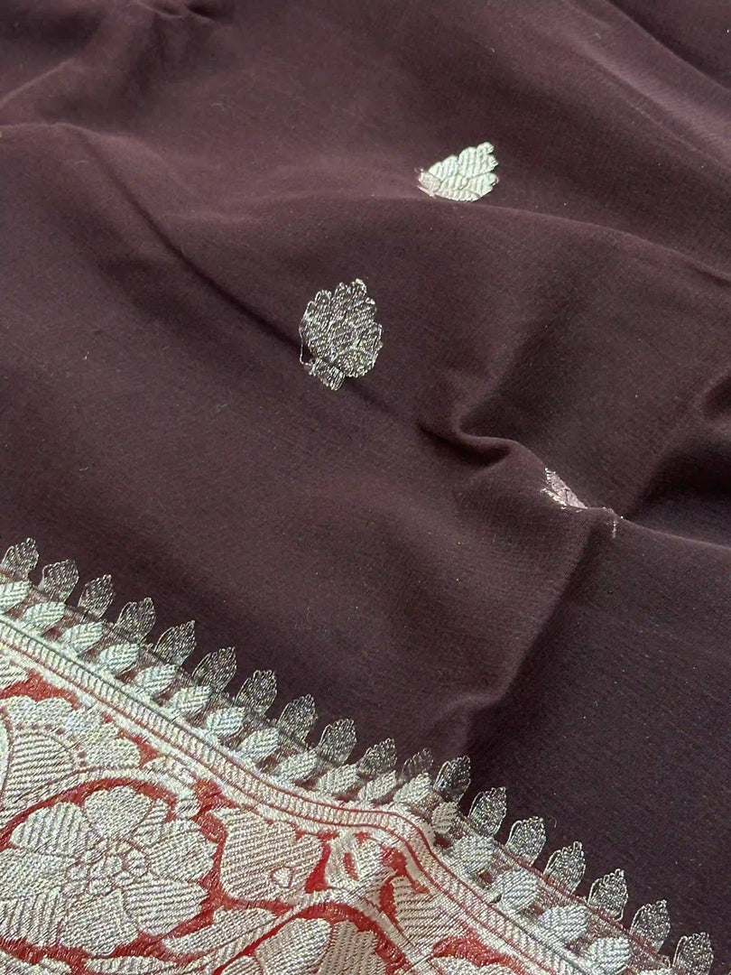 Banarasi Pure Khaddi Chiffon Silver Zari Brown Colour Saree With Contrast Red Blouse & Pallu