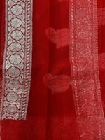 Load image into Gallery viewer, Banarasi Pure Khaddi Chiffon Silver Zari Brown Colour Saree With Contrast Red Blouse &amp; Pallu