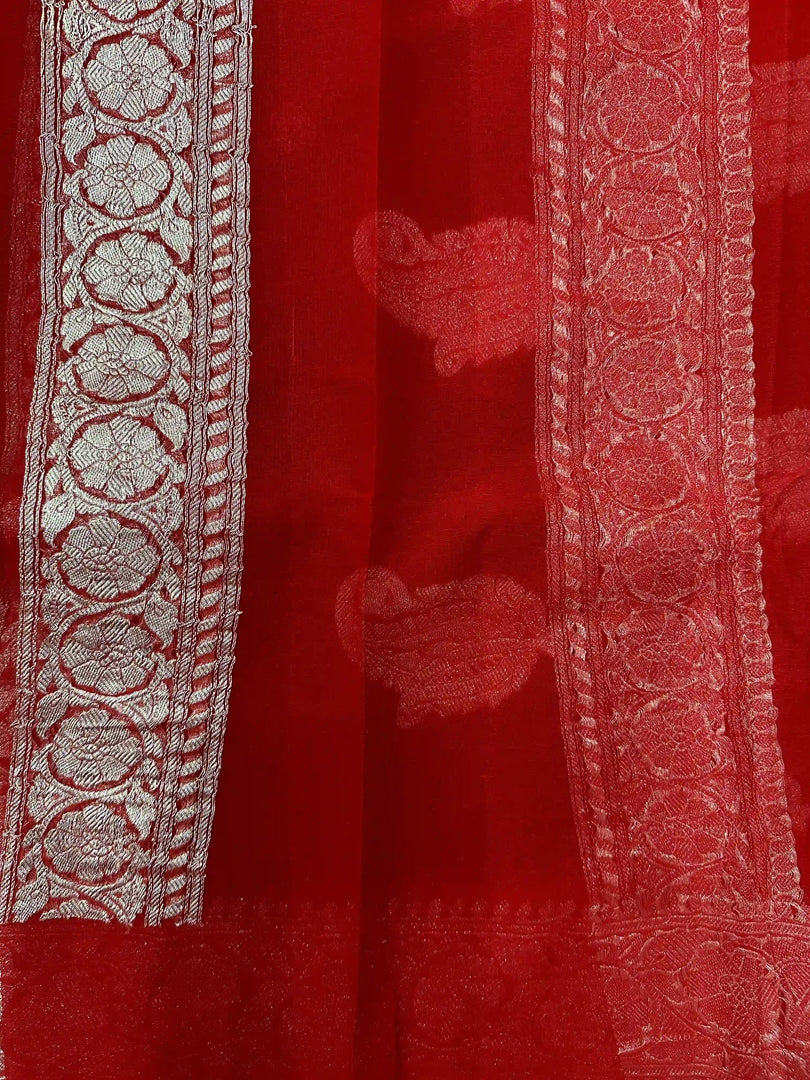 Banarasi Pure Khaddi Chiffon Silver Zari Brown Colour Saree With Contrast Red Blouse & Pallu