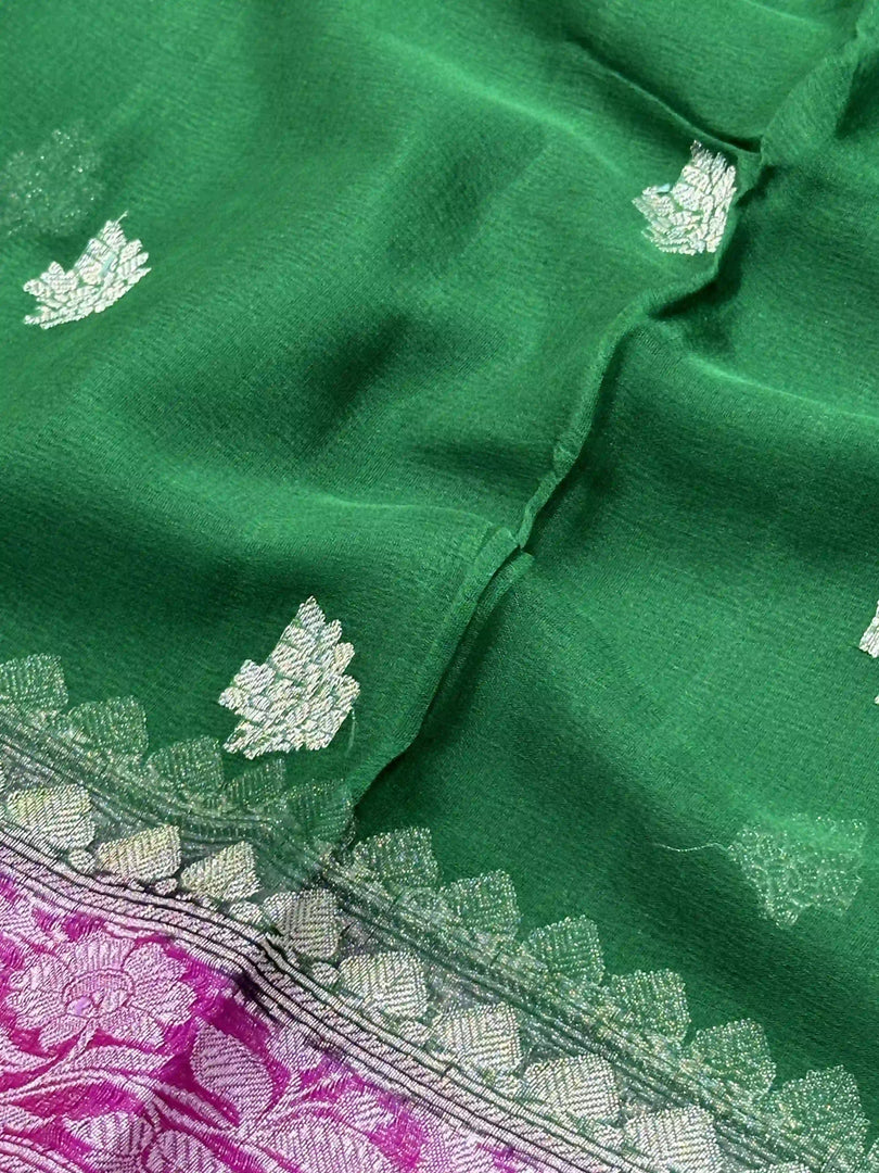 Banarasi Pure Khaddi Chiffon Silver Zari Bottle Green Colour Saree With Contrast Red Blouse & Pallu