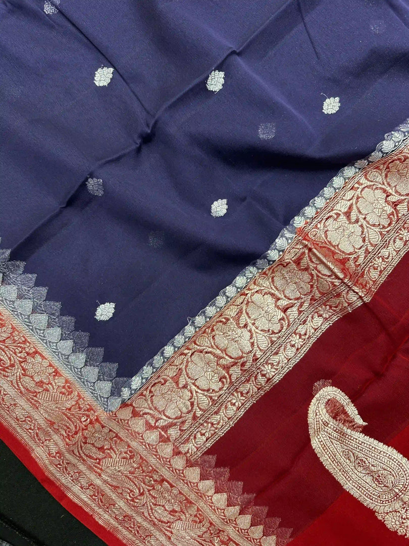 Banarasi Pure Khaddi Chiffon Silver Zari Navy Blue Colour Saree With Contrast Red Blouse & Pallu