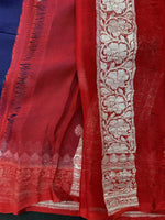 Load image into Gallery viewer, Banarasi Pure Khaddi Chiffon Silver Zari Navy Blue Colour Saree With Contrast Red Blouse &amp; Pallu