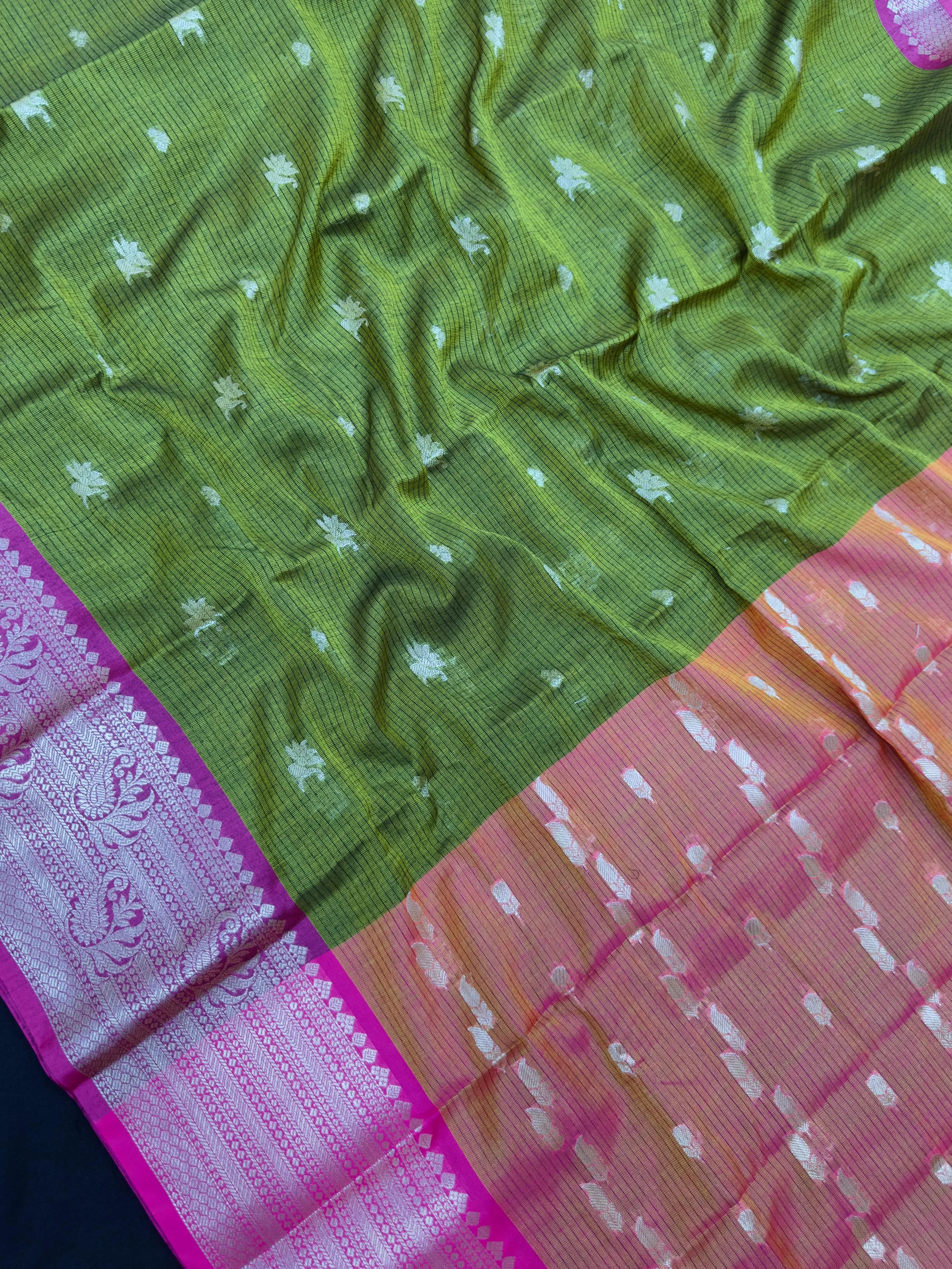 Kanchi linen saree with temple border and soft linen texture – ideal for festive and everyday traditional wear