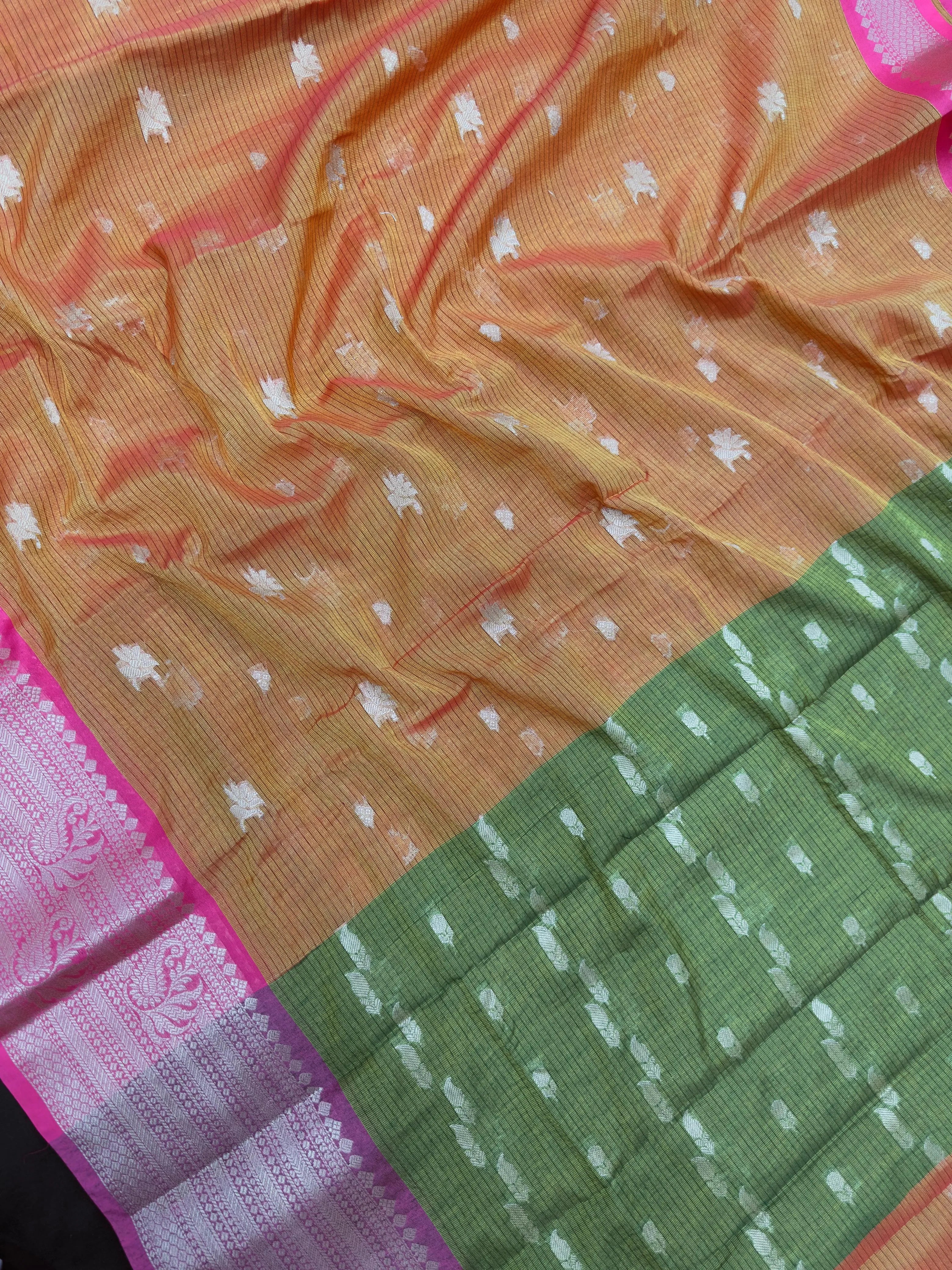 Kanchi linen saree with temple border and soft linen texture – ideal for festive and everyday traditional wear