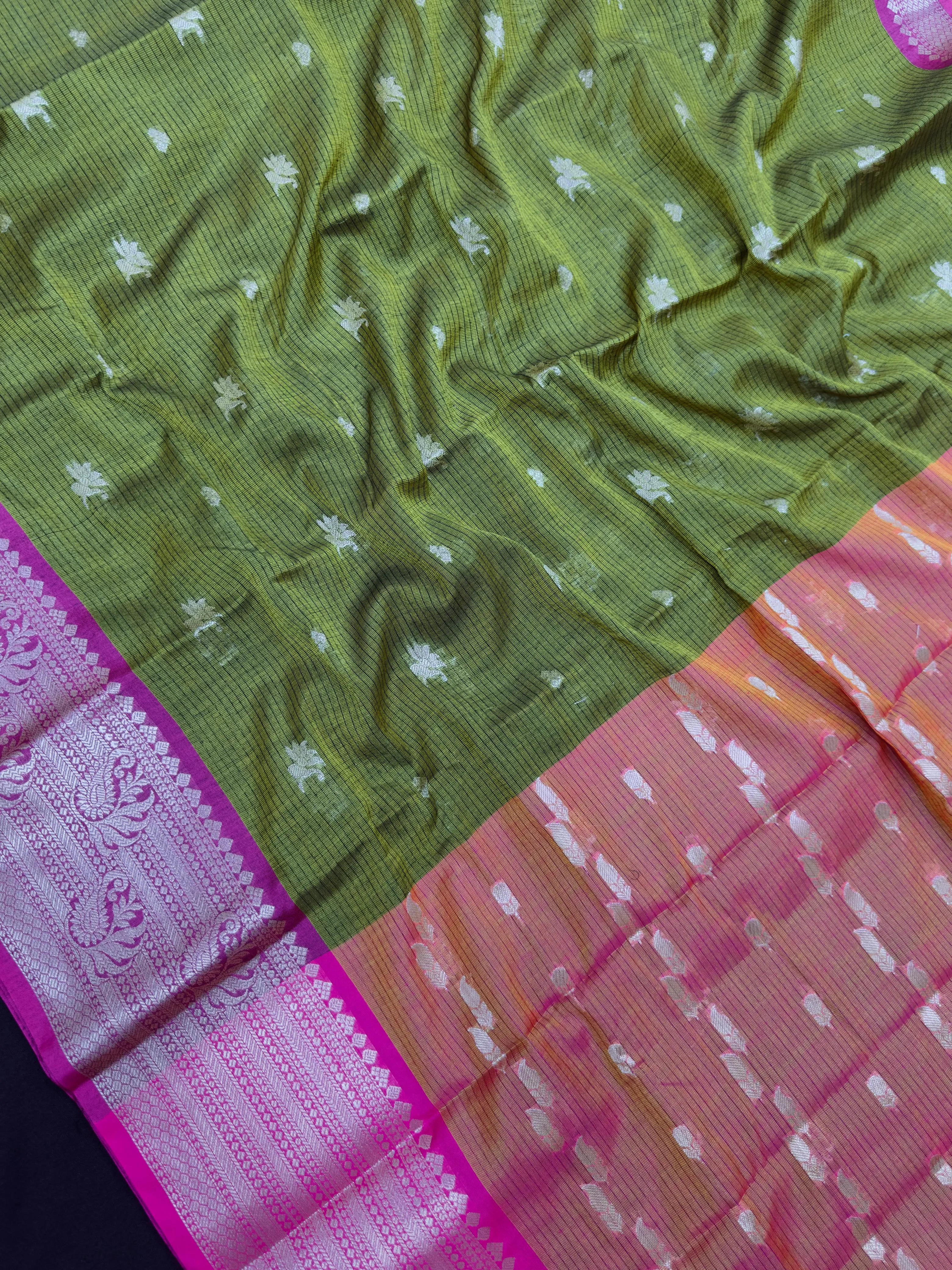 Kanchi linen saree with temple border and soft linen texture – ideal for festive and everyday traditional wear