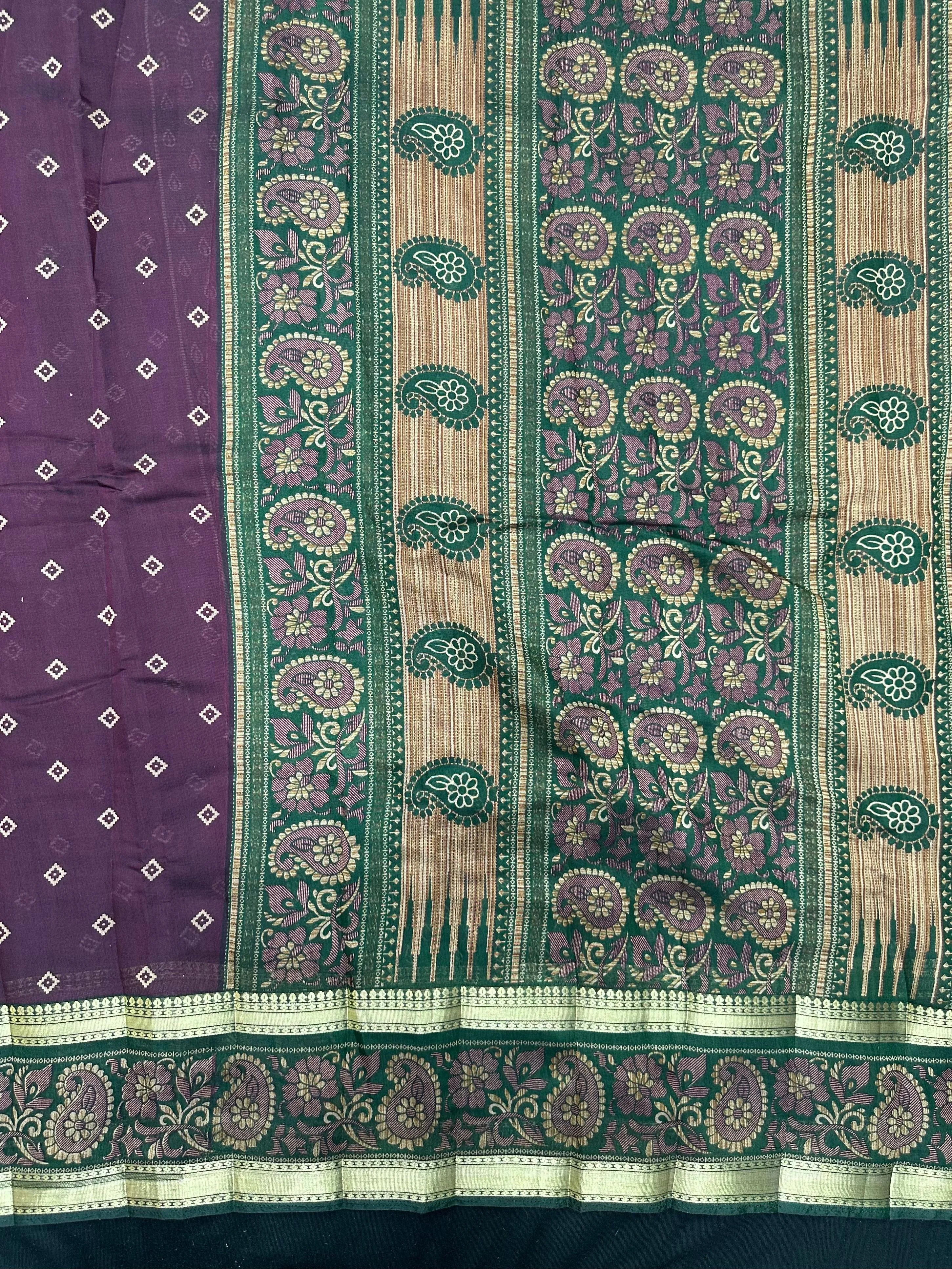 Woman wearing a Cotton Silk Saree with lightweight, soft fabric and subtle sheen, ideal for office, casual, and festive occasions.