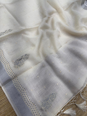 "Timeless Linen Silk Saree with a luxurious drape, combining comfort and elegance. Perfect for festive and ethnic wear, featuring a beautiful blend of linen and silk."