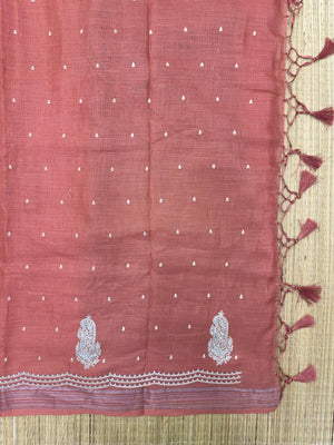 "Timeless Linen Silk Saree with a luxurious drape, combining comfort and elegance. Perfect for festive and ethnic wear, featuring a beautiful blend of linen and silk."