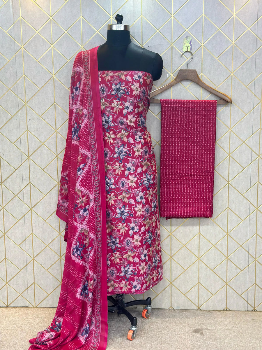 Grace in Threads: Makhmali Cotton Unstitched Salwar Suit (3-Piece Set)