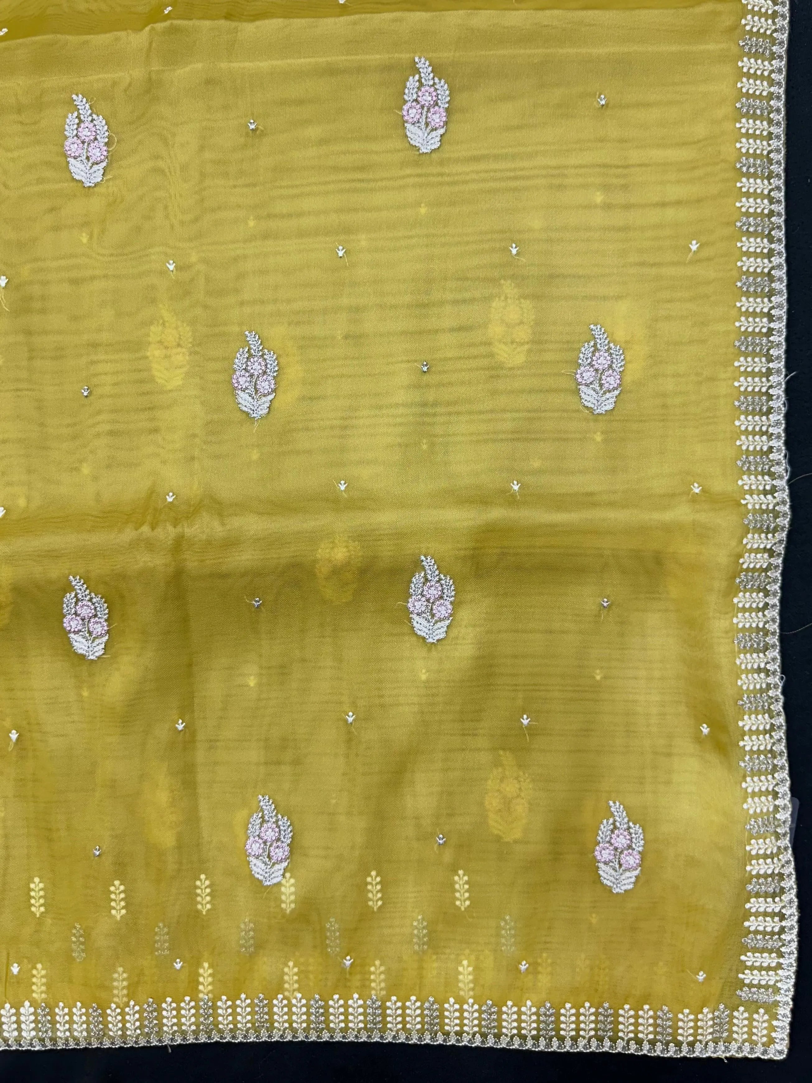 Woman wearing a sheer Organza Saree with elegant detailing and soft flow, perfect for festive events and stylish ethnic occasions.