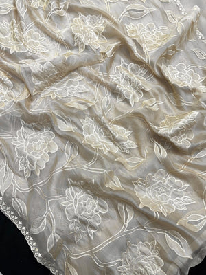 Organza saree with sheer, lightweight fabric and elegant motifs – perfect for festive and special occasions